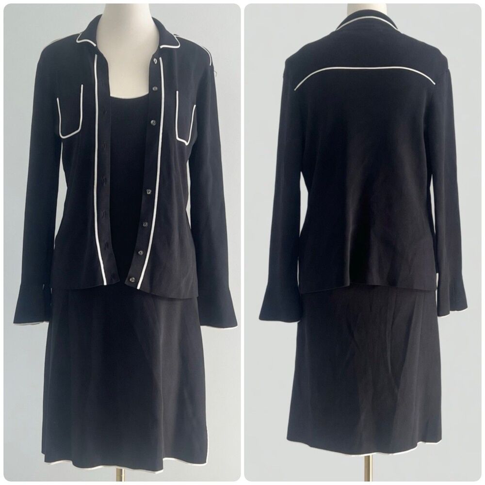 Vintage Max Studio Y2K Black White Trim Knit Midi Dress & Cardigan Set Womens S